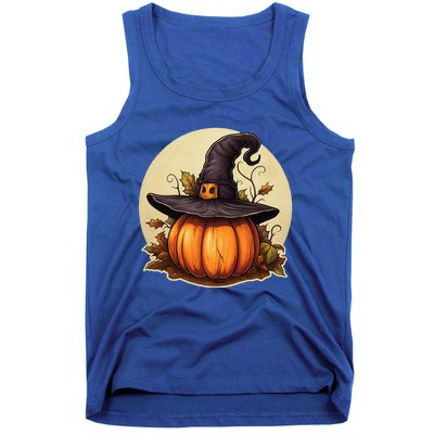 Pumpkin Wearing Witch Hat Halloween Theme Fall Leaves Tank Top