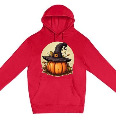 Pumpkin Wearing Witch Hat Halloween Theme Fall Leaves Premium Pullover Hoodie