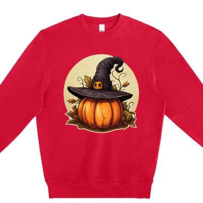 Pumpkin Wearing Witch Hat Halloween Theme Fall Leaves Premium Crewneck Sweatshirt