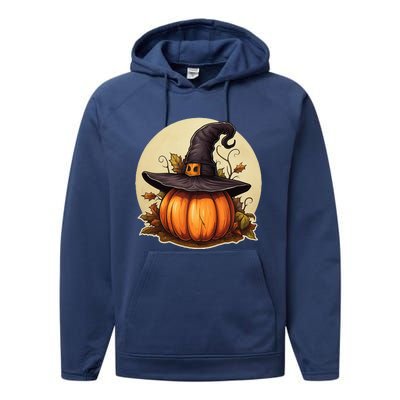 Pumpkin Wearing Witch Hat Halloween Theme Fall Leaves Performance Fleece Hoodie