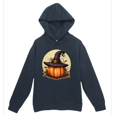 Pumpkin Wearing Witch Hat Halloween Theme Fall Leaves Urban Pullover Hoodie