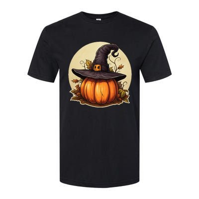 Pumpkin Wearing Witch Hat Halloween Theme Fall Leaves Softstyle CVC T-Shirt