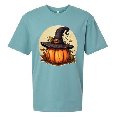 Pumpkin Wearing Witch Hat Halloween Theme Fall Leaves Sueded Cloud Jersey T-Shirt