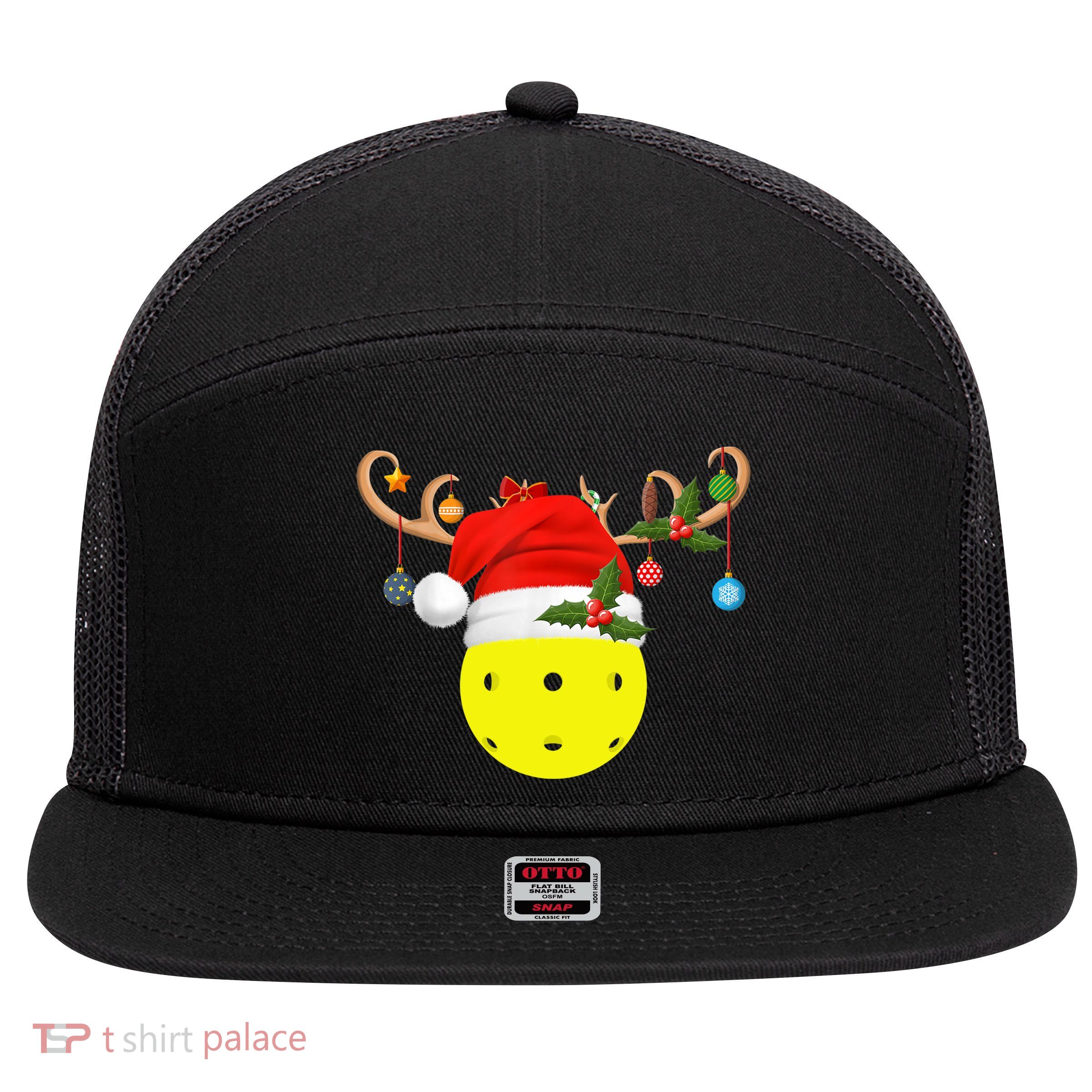 Pickleball Xmas Gift Reindeer Santa Hat Pickleball Christmas TShirt 7 Panel Mesh Trucker Snapback Hat