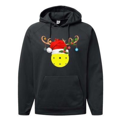 Pickleball Xmas Gift Reindeer Santa Hat Pickleball Christmas TShirt Performance Fleece Hoodie