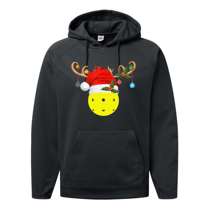 Pickleball Xmas Gift Reindeer Santa Hat Pickleball Christmas TShirt Performance Fleece Hoodie