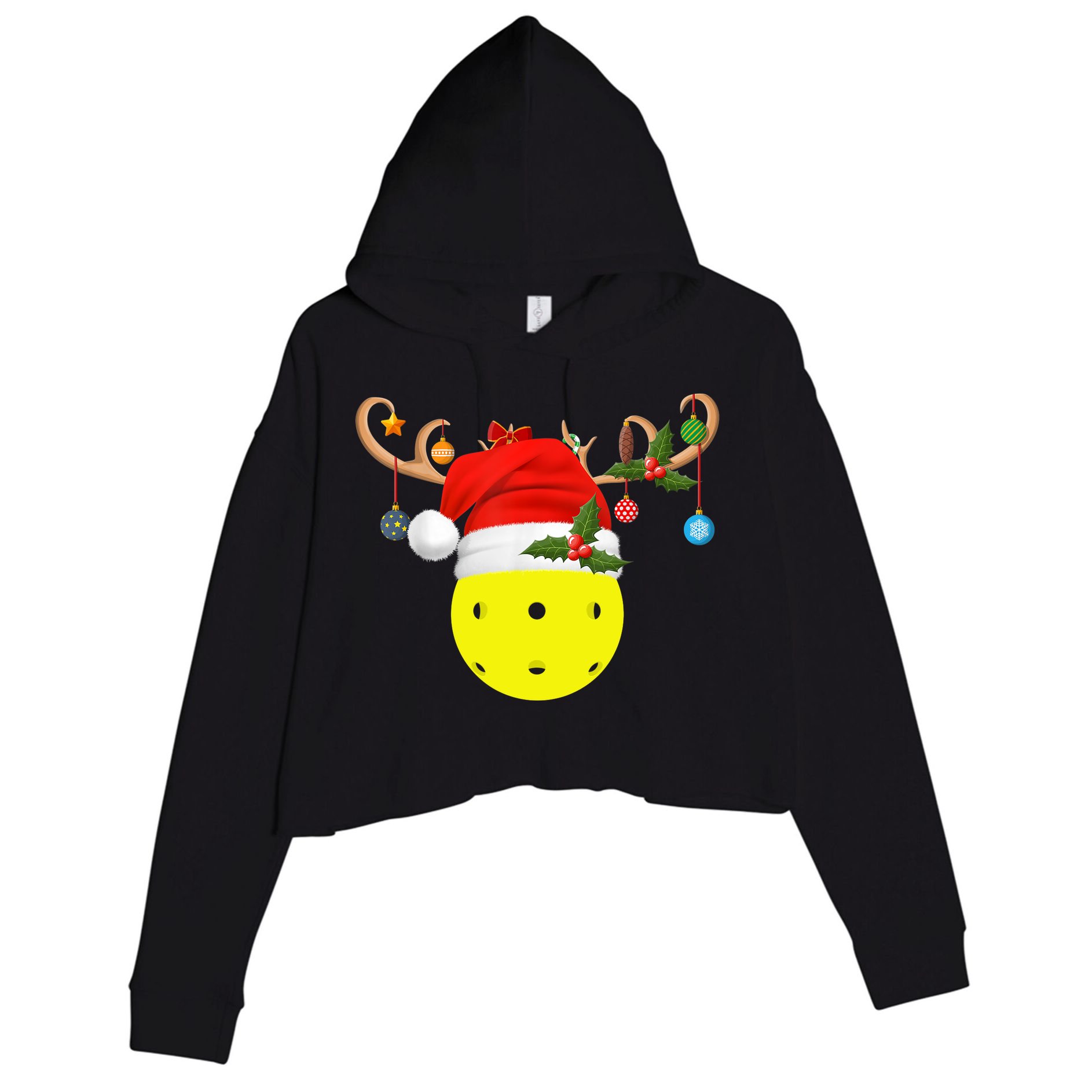Pickleball Xmas Gift Reindeer Santa Hat Pickleball Christmas TShirt Crop Fleece Hoodie