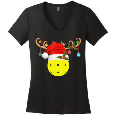 Pickleball Xmas Gift Reindeer Santa Hat Pickleball Christmas TShirt Women's V-Neck T-Shirt