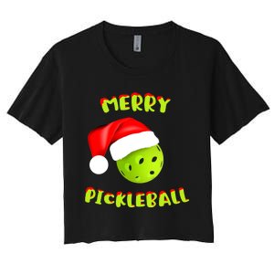 Pickleball Xmas Gift Reindeer Santa Hat Pickleball Christmas Women's Crop Top Tee