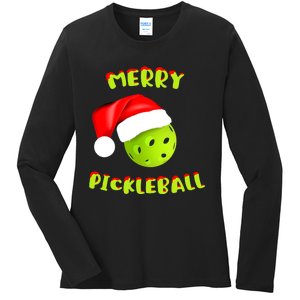 Pickleball Xmas Gift Reindeer Santa Hat Pickleball Christmas Ladies Long Sleeve Shirt