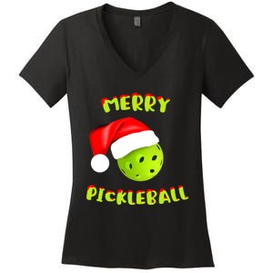 Pickleball Xmas Gift Reindeer Santa Hat Pickleball Christmas Women's V-Neck T-Shirt