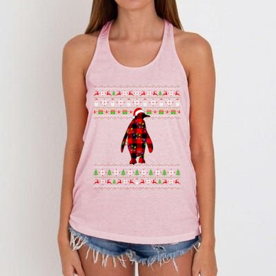 Penguin Xmas Redplaid Penguin Ugly Christmas Pajamas Gift Women's Knotted Racerback Tank