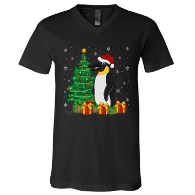 Penguin Xmas Tree Lighting Santa Penguin Christmas V-Neck T-Shirt