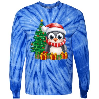 Penguin Xmas Tree Lighting Santa Penguin Christmas Gift Tie-Dye Long Sleeve Shirt