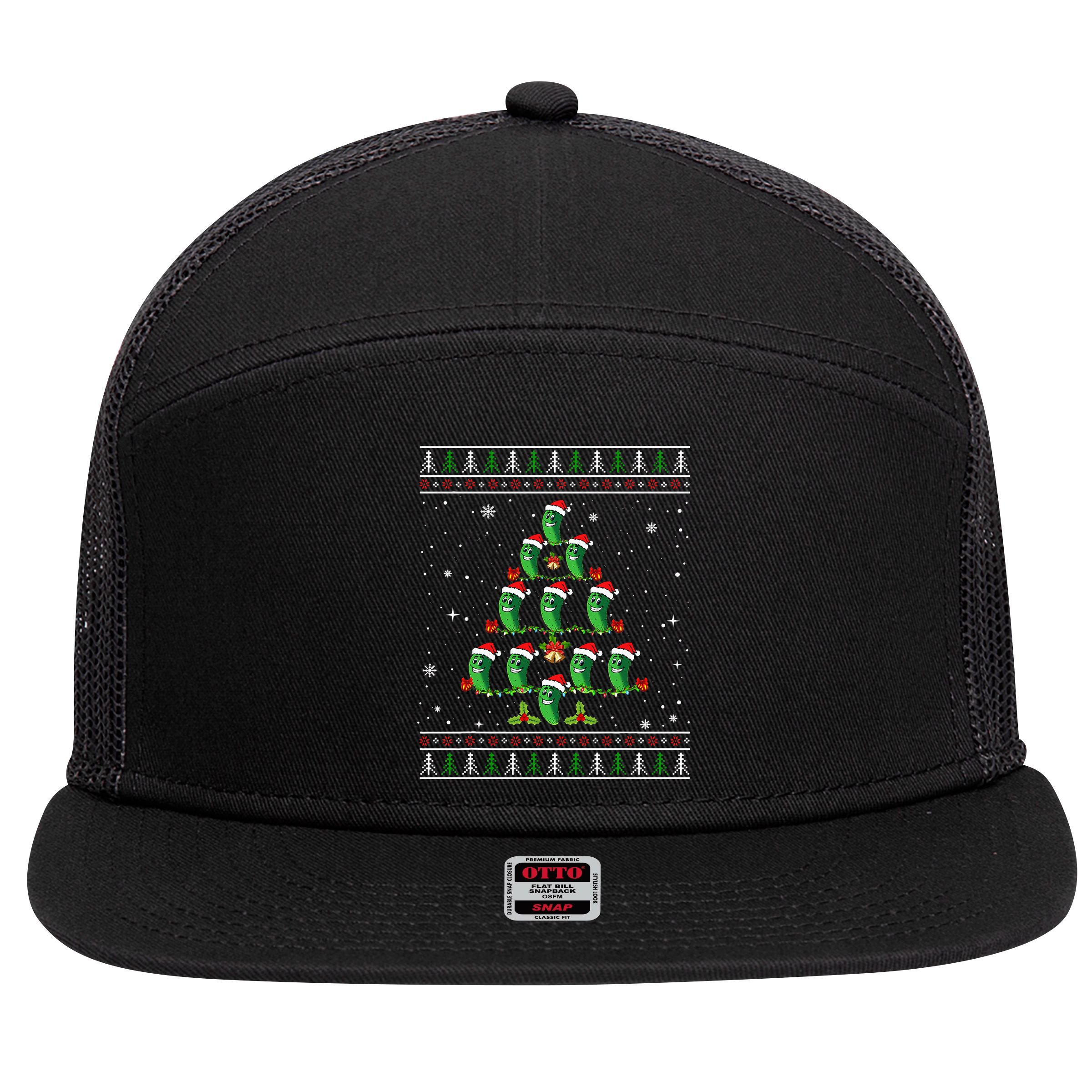 Pickle Xmas Tree Santa Hat Pickle Fruit Christmas Ugly 7 Panel Mesh Trucker Snapback Hat