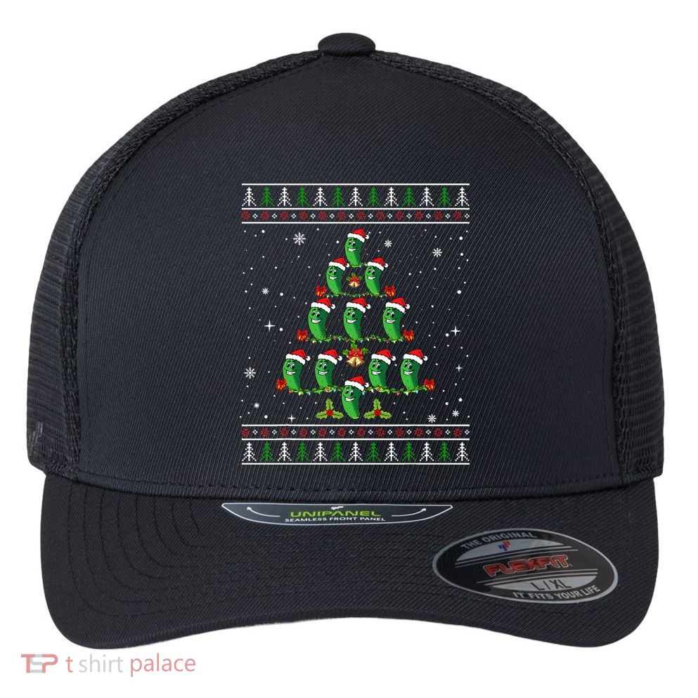 Pickle Xmas Tree Santa Hat Pickle Fruit Christmas Ugly Flexfit Unipanel Trucker Cap