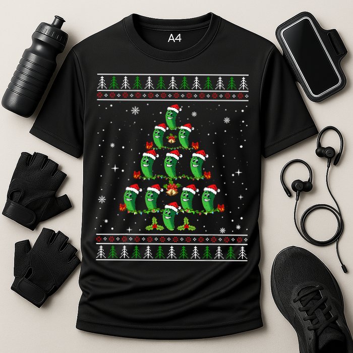Pickle Xmas Tree Santa Hat Pickle Fruit Christmas Ugly Cooling Performance Crew T-Shirt