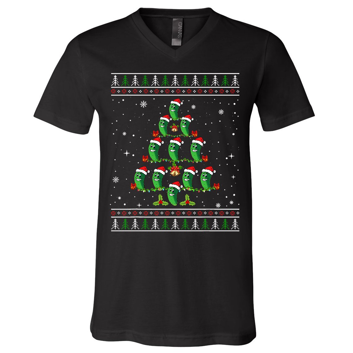 Pickle Xmas Tree Santa Hat Pickle Fruit Christmas Ugly V-Neck T-Shirt