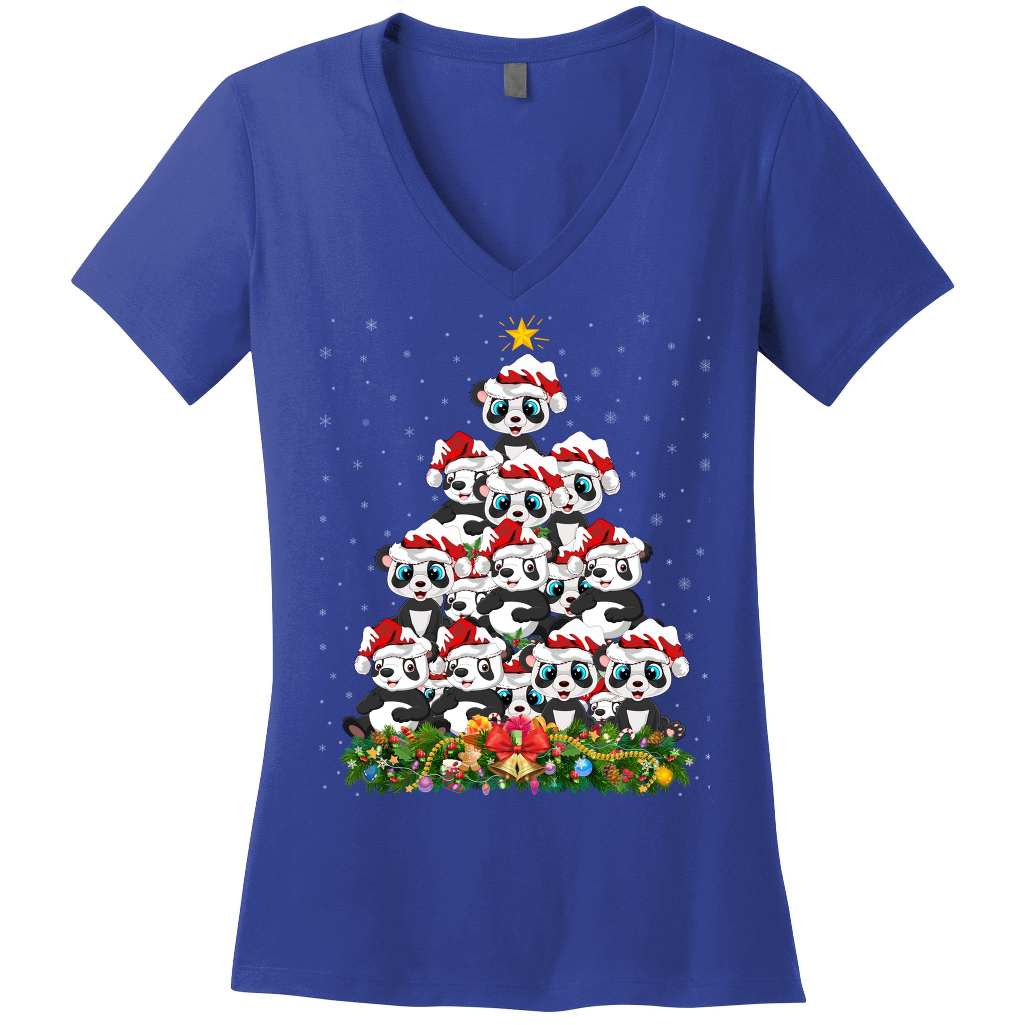 Panda Xmas Tree Lighting Santa Panda Christmas Gift Women's V-Neck T-Shirt