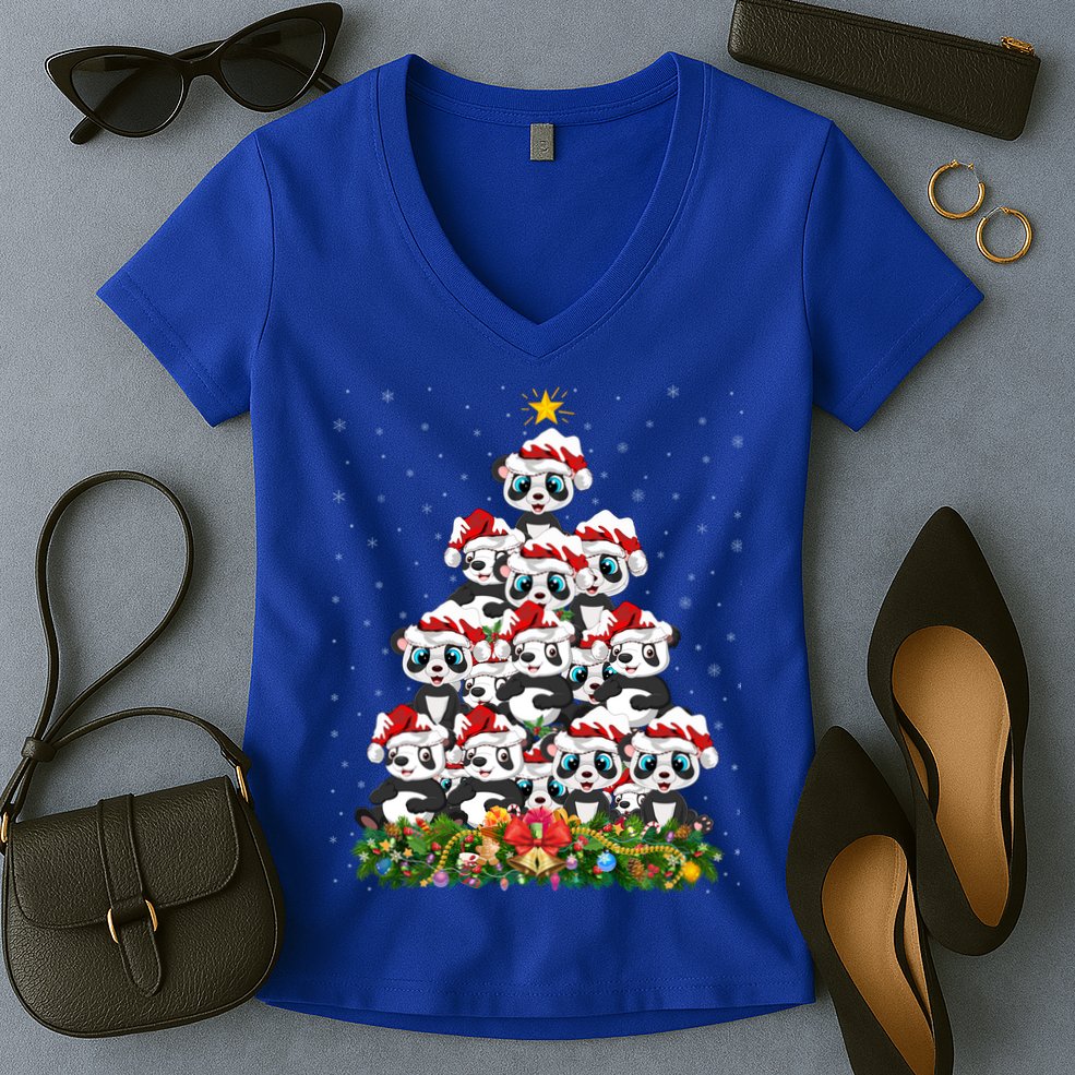 Panda Xmas Tree Lighting Santa Panda Christmas Gift Women's V-Neck T-Shirt