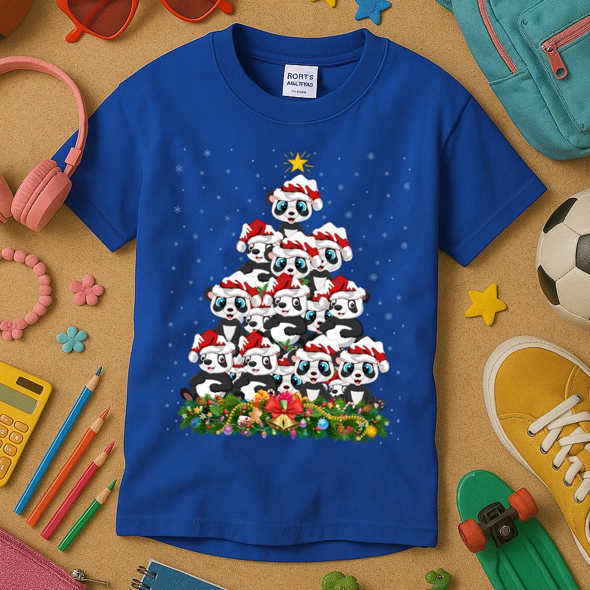 Panda Xmas Tree Lighting Santa Panda Christmas Gift Kids T-Shirt