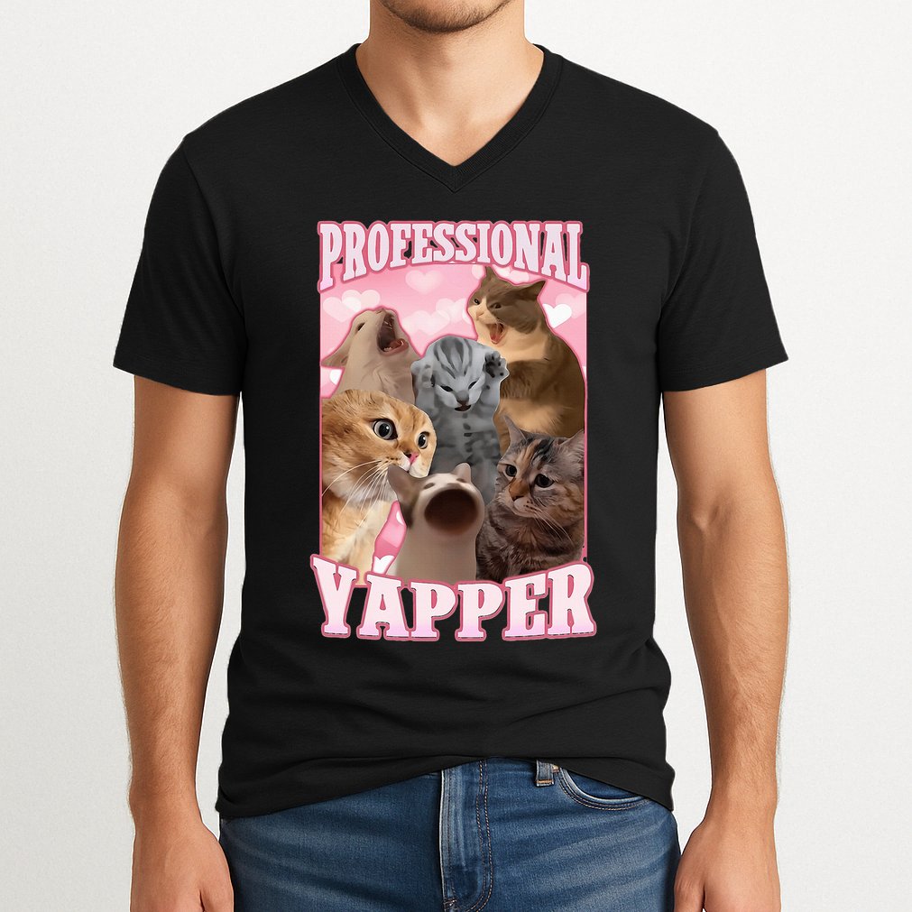 Professional Yapper Funny Cat Meme Goofy Ahh Ironic Cat V-Neck T-Shirt
