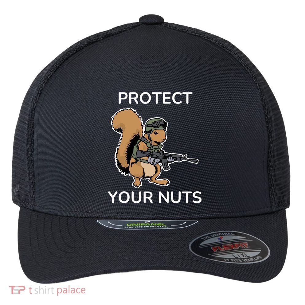 Protect Your Nuts Funny Squirrel Lover Flexfit Unipanel Trucker Cap
