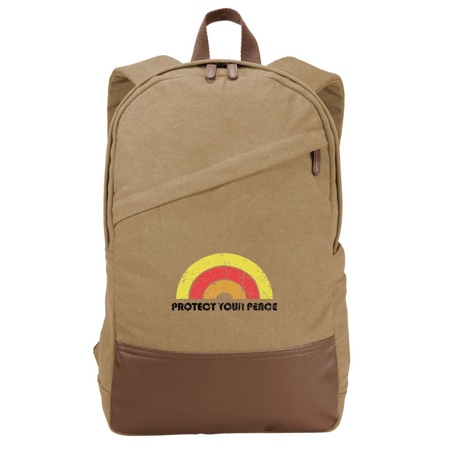 Protect Your Peace Mindful Yoga Vintage Rainbow Sun Boho Hip Cotton Canvas Backpack