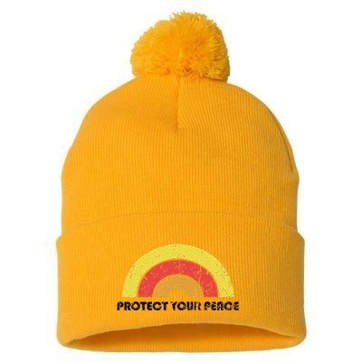 Protect Your Peace Mindful Yoga Vintage Rainbow Sun Boho Hip Pom Pom 12in Knit Beanie