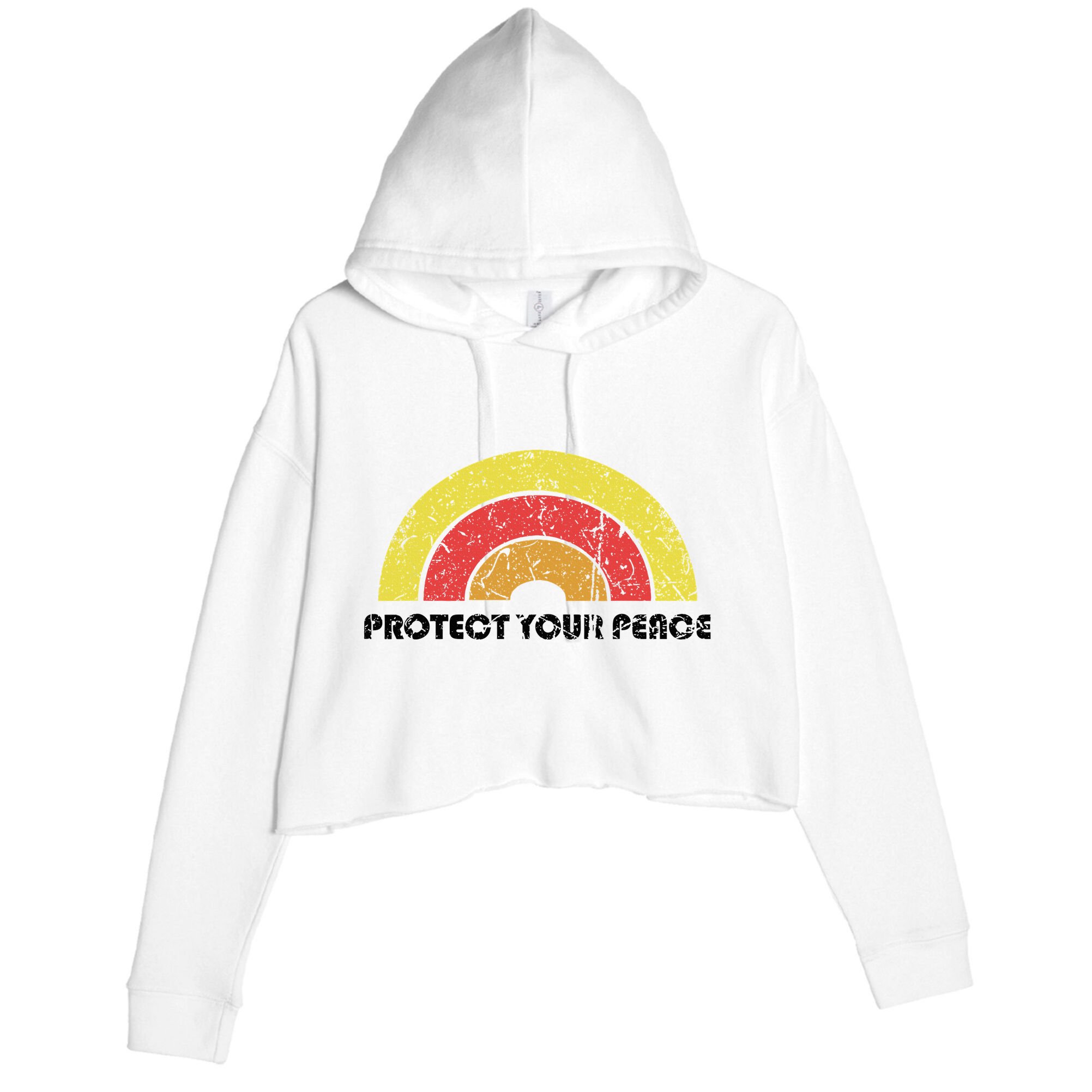 Protect Your Peace Mindful Yoga Vintage Rainbow Sun Boho Hip Crop Fleece Hoodie