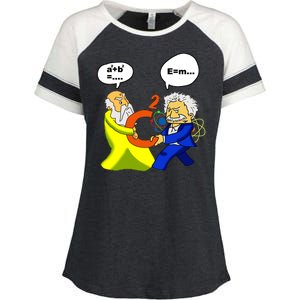 Pythagoras vs Einstein Funny Math Science Enza Ladies Jersey Colorblock Tee