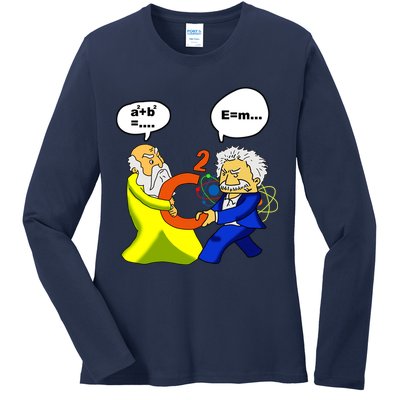 Pythagoras vs Einstein Funny Math Science Ladies Long Sleeve Shirt