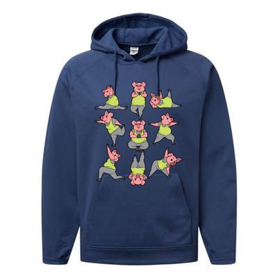 Pig Yoga Workout Cute Stretching Piglet Funny Gym Fan Gift Performance Fleece Hoodie