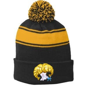 Pisces Zodiac Sign Watercolor Illustration Stripe Pom Pom Beanie