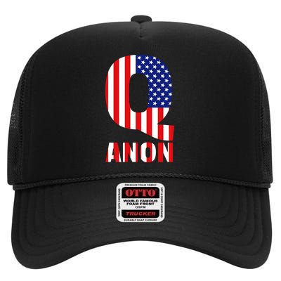 Q Anon Patriotic USA Flag High Crown Mesh Back Trucker Hat