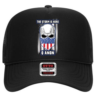 Q-Anon The Storm Is Here Skull Flag High Crown Mesh Back Trucker Hat