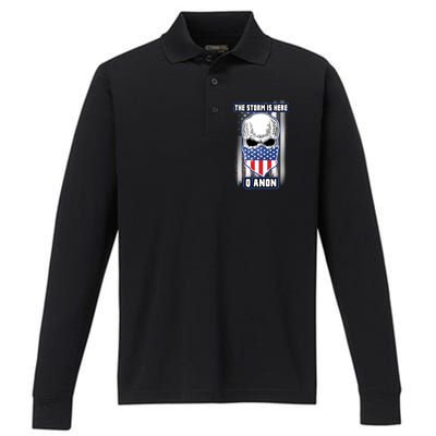 Q-Anon The Storm Is Here Skull Flag Performance Long Sleeve Polo