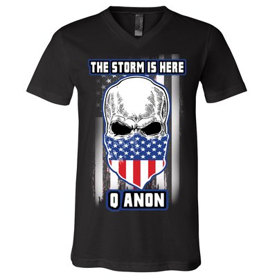 Q-Anon The Storm Is Here Skull Flag V-Neck T-Shirt