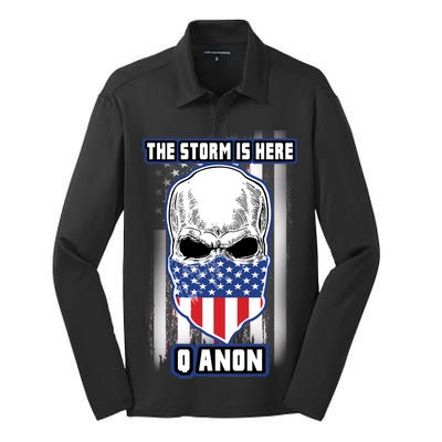 Q-Anon The Storm Is Here Skull Flag Silk Touch Performance Long Sleeve Polo