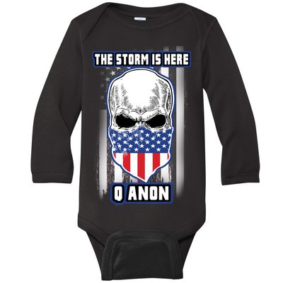 Q-Anon The Storm Is Here Skull Flag Baby Long Sleeve Bodysuit