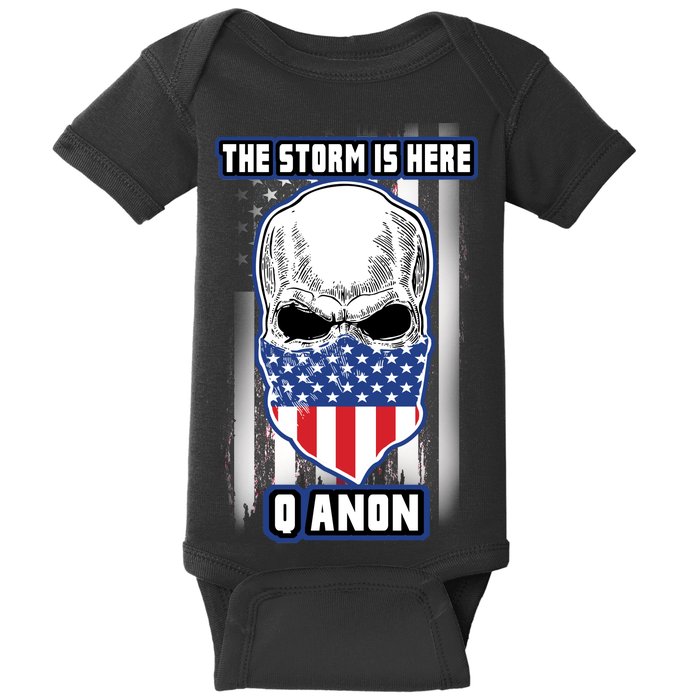 Q-Anon The Storm Is Here Skull Flag Baby Bodysuit