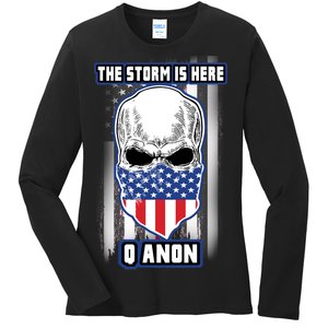 Q-Anon The Storm Is Here Skull Flag Ladies Long Sleeve Shirt