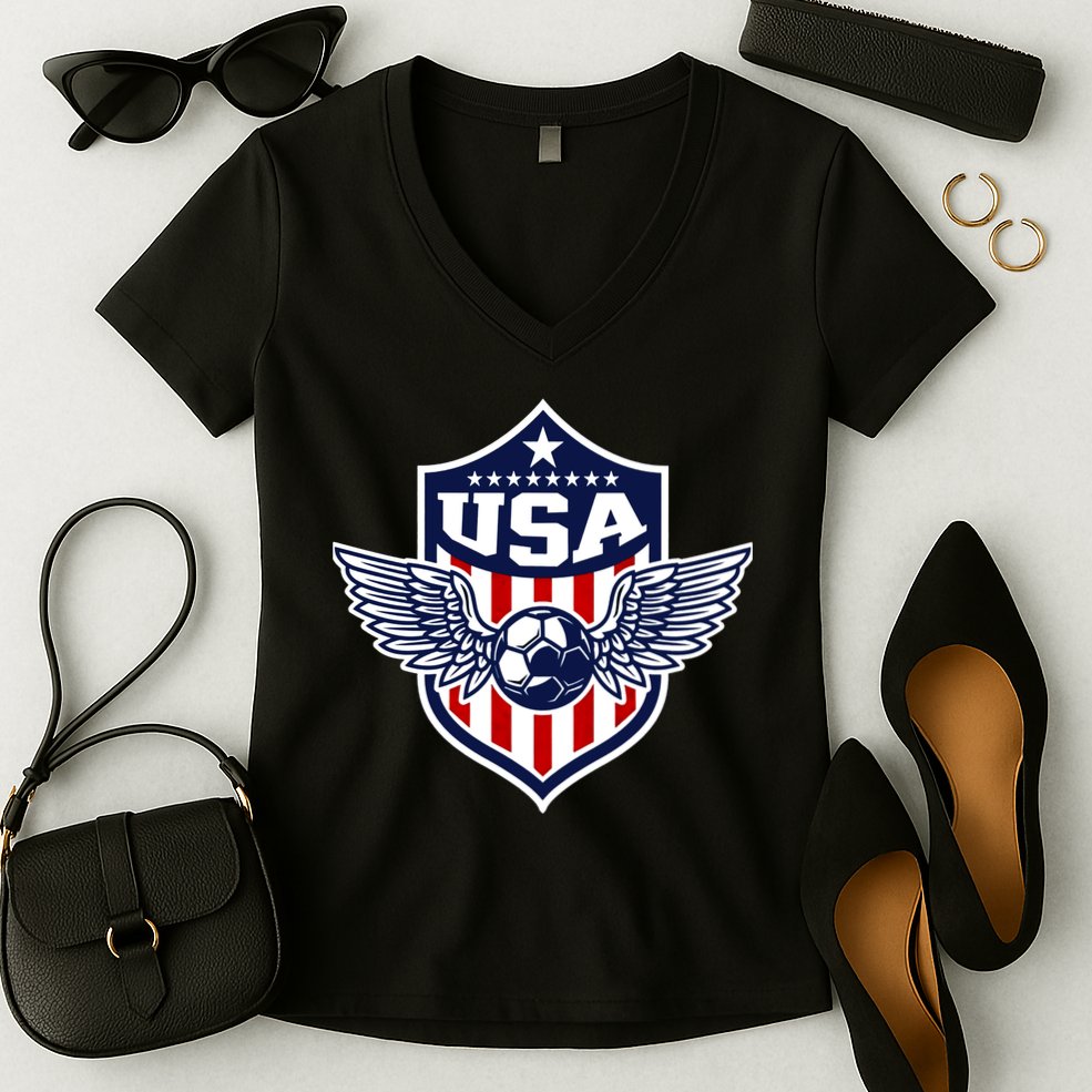 Qatar 2022 Soccer Football Cup America USA Team Support Women's V-Neck T-Shirt
