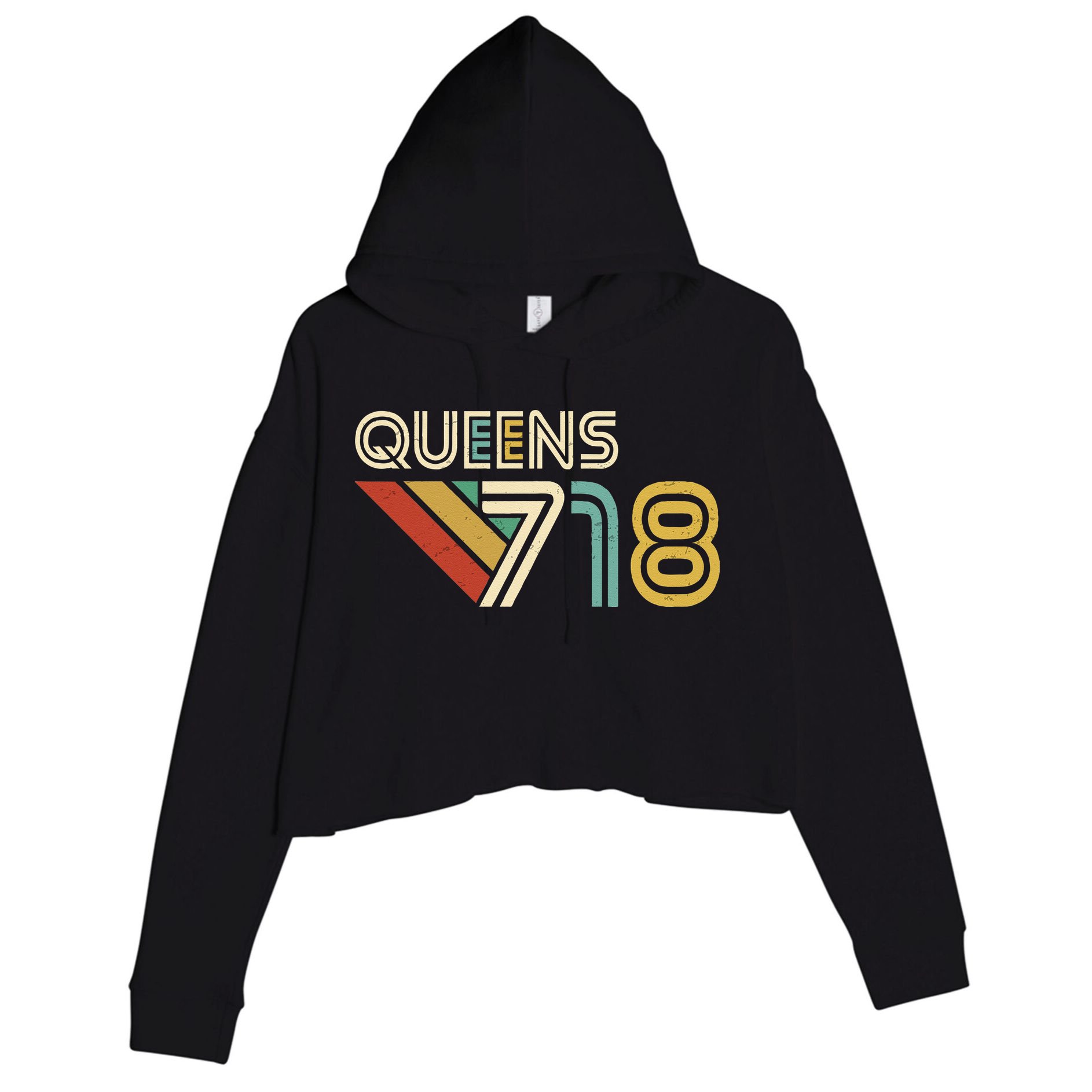 Queens 718 New York City State Vintage Queens Area Code Crop Fleece Hoodie