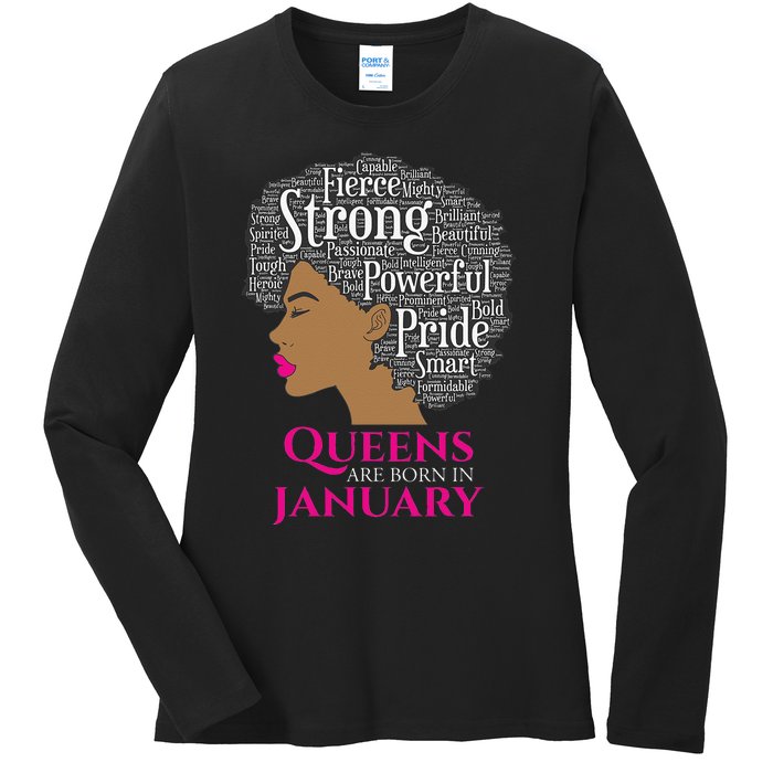 Queens Are Born In January Birthday Black Wo Ladies Long Sleeve Shirt