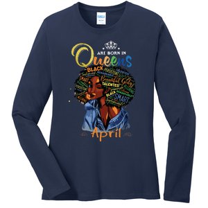 Queens Are Born In April Black Girl Aries Taurus Birthday Ladies Long Sleeve Shirt