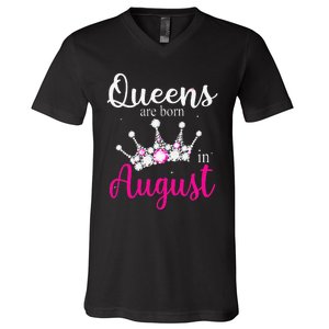 Queens Are Born In August Pink Crown Birthday Gifts V-Neck T-Shirt