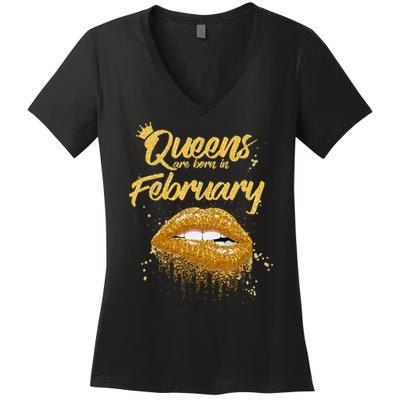 Queens Are Born In February Birthday for Black Wo Women's V-Neck T-Shirt