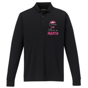 Queens Are Born In March Distressed Birthday Gift Performance Long Sleeve Polo