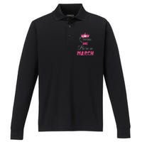 Queens Are Born In March Distressed Birthday Gift Performance Long Sleeve Polo